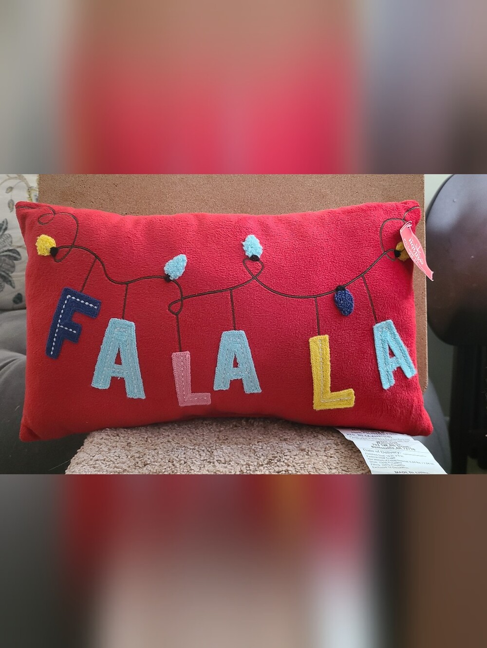 16"x10" Red‎ "Fa La La" Christmas Pillow w/ Lights Embroidered Festive Holiday
